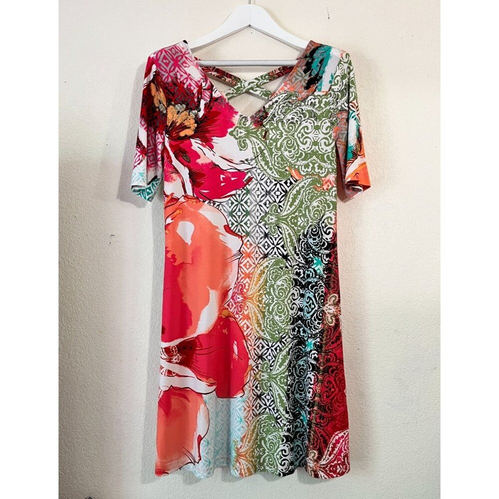Chico's Womens V-Neck Short Sleeve Floral Cross-Back Dress Size 0 Multicolor